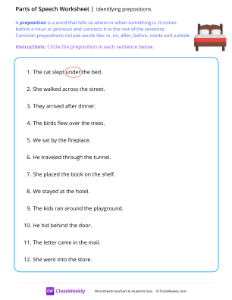 Identifying prepositions - Bed-worksheet