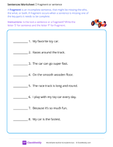 Fragment or sentence - Race car-worksheet