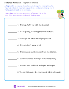 Fragment or sentence - Cat-worksheet