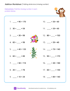 worksheet-Adding-whole-tens-(missing-number)---Monkey