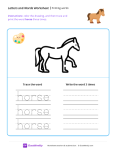 Printing words - Horse-worksheet