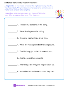 Fragment or sentence - Party-worksheet