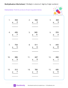 Multiply 1 digit by 3 digits - Fireworks-worksheet