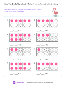 worksheet-Making-10-with-ten-frames-(2-addends-missing)---Flamingo