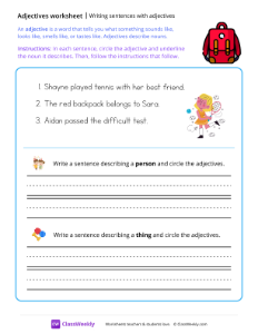 Writing sentences with adjectives - Backpack-worksheet