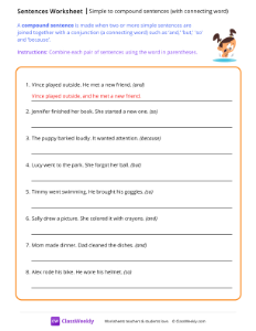 Simple vs compound sentences (with connecting words) - Swim-worksheet