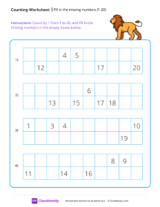 Fill in the missing numbers (1-20) - Lion-worksheet