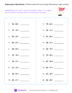 worksheet-Mental-math-(with-borrowing):-Subtracting-2-digit-numbers---Flag