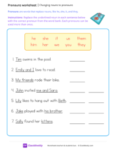 Changing nouns to pronouns - Pool-worksheet