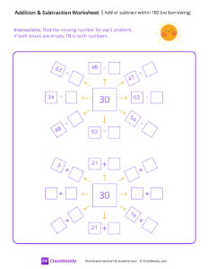 worksheet-Add-or-subtract-within-100-(no-borrowing)---Sun