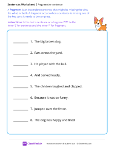 Fragment or sentence - Puppy-worksheet