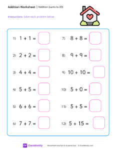 Addition (sums to 20) - House-worksheet