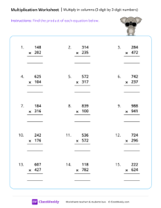 Multiply 3 by 3 digits - Koala-worksheet