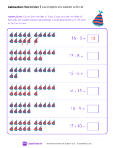 Count objects and subtract within 20 - Party Hat-worksheet