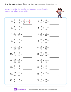 Add fractions with the same denominators - Aviator-worksheet