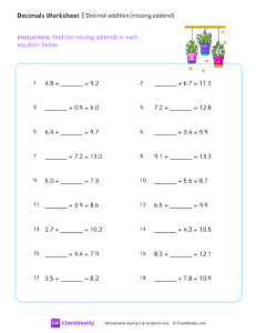 Decimal addition (missing addend) - Plants-worksheet