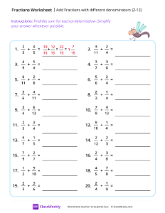 Add Fractions with different denominators (2-12) - Dragonfly-worksheet