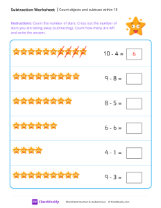 Count objects and subtract within 10 - Star-worksheet