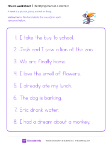 Identifying nouns in a sentence - Toucan-worksheet