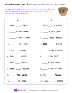 Multiplying by 10, 100 or 1,000 with missing factors - Cool Nut-worksheet