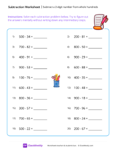 Subtract a 2-digit number from whole hundreds - Checklist-worksheet