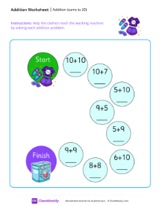 Addition maze (sums to 20) - Clothes-worksheet