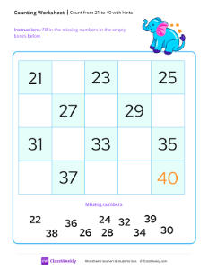 Count from 21 to 40 with hints-worksheet