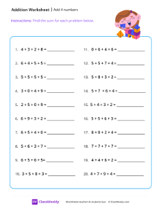 worksheet-Adding-4-numbers---Fun