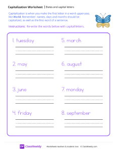 Dates and Capital Letters - Blue and Yellow Butterfly-worksheet