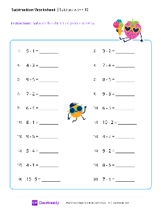 Subtract within 10 - Strawberry-worksheet