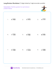 3-digit divided by 1-digit (remainder possible) - Surfing-worksheet