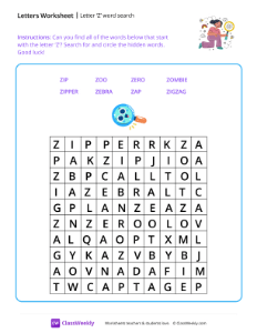 Letter Z word search - Wise Search-worksheet