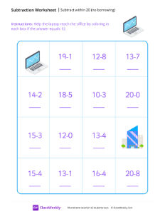 Subtract within 20 (no borrowing) - Laptop-worksheet