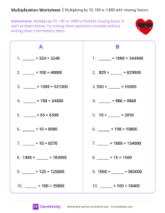 Multiplying by 10, 100 or 1,000 with missing factors - Heart Shades-worksheet