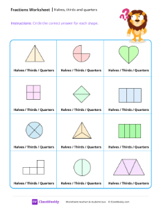 Equal parts - Halves, thirds and quarters - Lion-worksheet