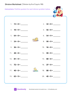 Division by 8 or 9 (up to 100) - Workout-worksheet