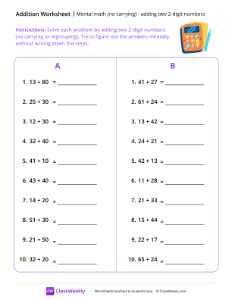 Mental Math: Adding two 2-digit Numbers (no carrying) - Calculator-worksheet