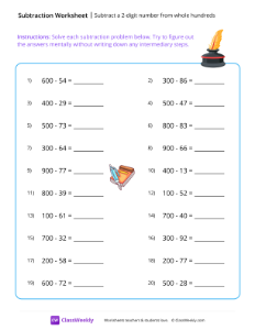 Subtract a 2-digit number from whole hundreds - Ink-worksheet