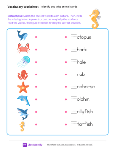 Identify and write animal words - Sea animals-worksheet