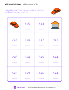 Addition Maze (Sums to 10) - Car-worksheet