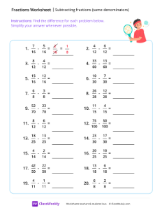 Subtracting fractions (same denominators) - Tennis-worksheet