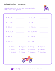 Fill In The Missing Letters - Motorbike-worksheet