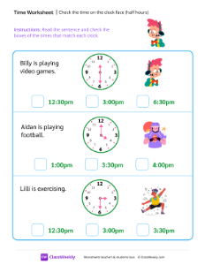 Check the time on the clock face (half hours) - Video Games-worksheet