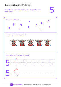 Counting and Tracing Numbers: 5-worksheet