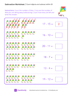 Count objects and subtract within 20 - Kite-worksheet