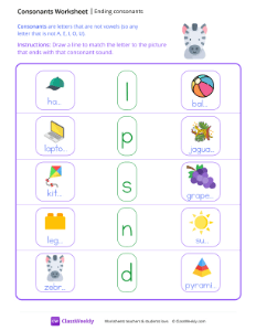 Ending Consonants - Zebra-worksheet