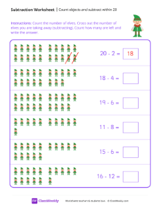 Count objects and subtract within 20 - Elf-worksheet