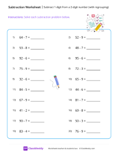 Subtract 1-digit from a 2-digit number (with regrouping) - Pencil-worksheet