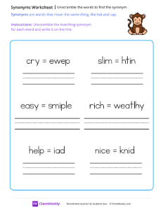 Unscramble the words to find the synonym - Monkey-worksheet