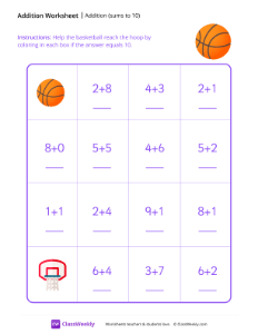 Addition Maze (Sums to 10) - Basketball-worksheet